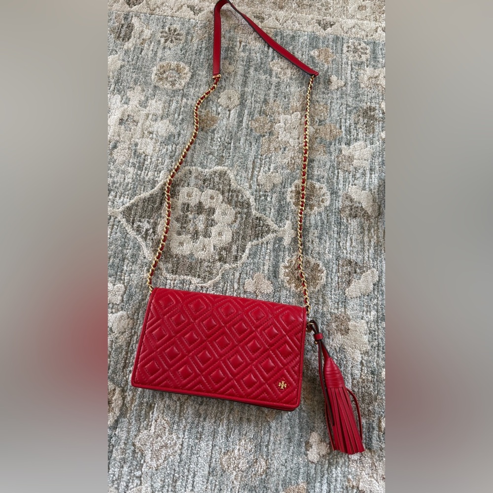 Tory Burch Red Quilted Crossbody with Gold Chain